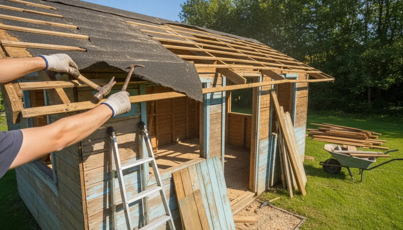 Delvist revet sommerhus under nedrivning med værktøj og tagpap, uden tydelige ansigter.