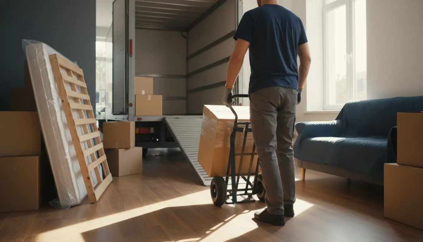 En flyttemand set bagfra læsser indpakkede møbler og kasser ind i en flyttebil i en lys lejlighed.