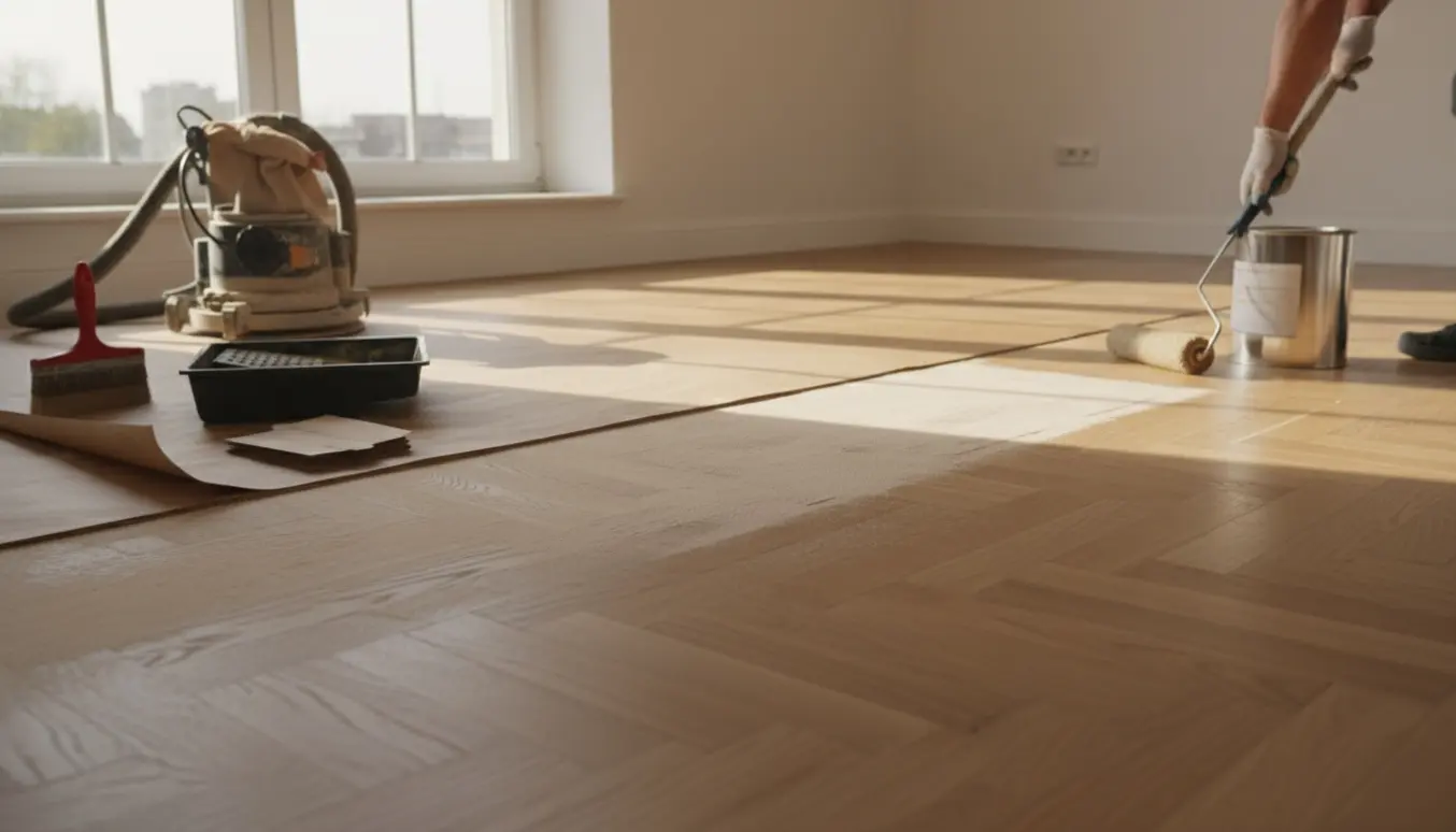 Slibning og matlakering af parketgulv med tydelig overgang mellem slebet træ og ny lakeret overflade.