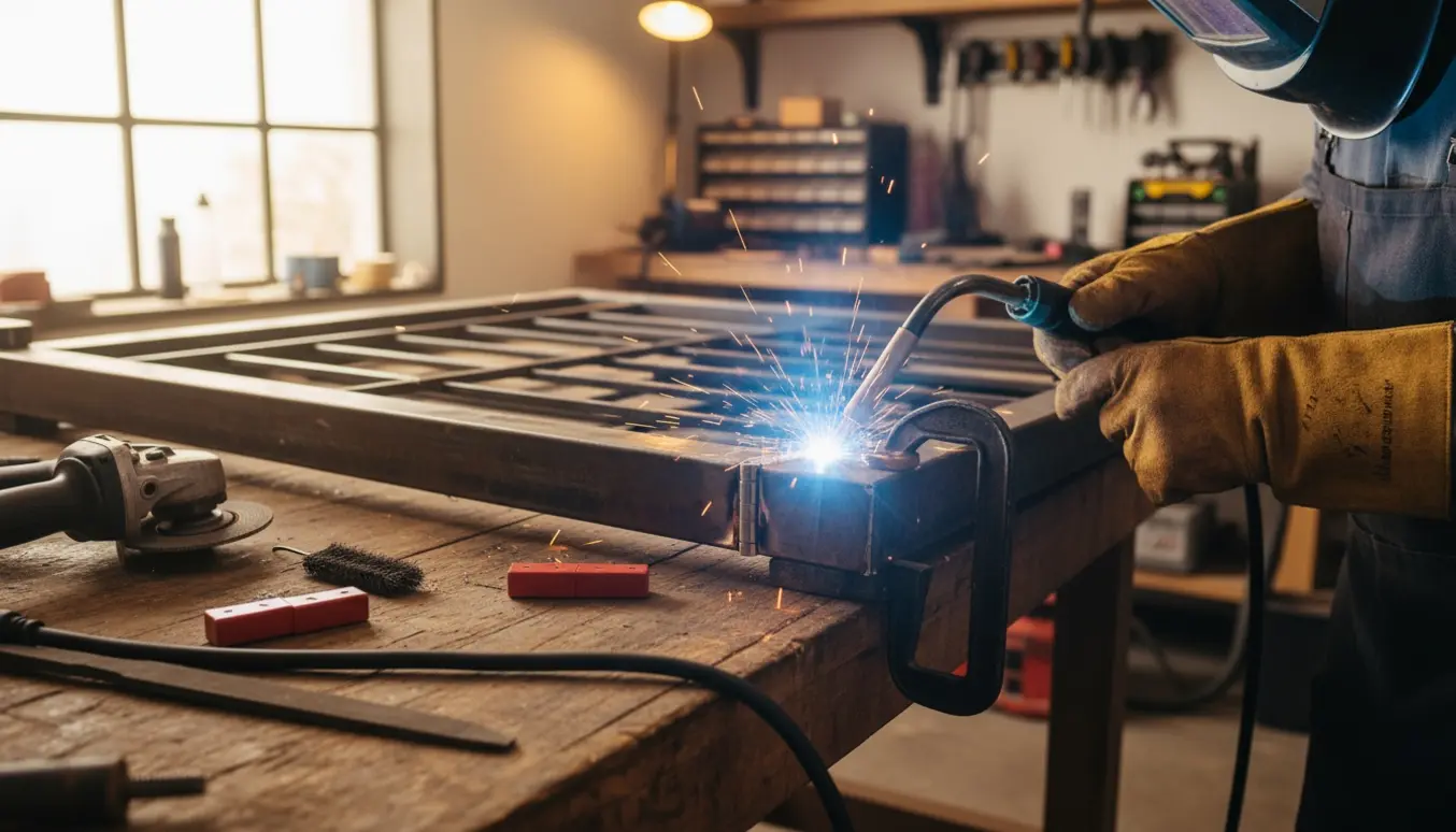 Nærbillede af en hængsel-svejseopgave med et hængsel klampet på en stålkant og en svejsebue, ingen ansigter synlige.