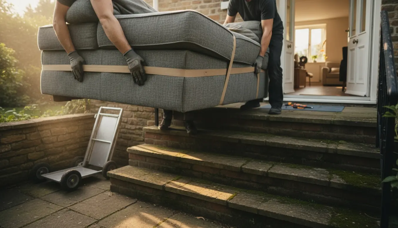 Et tungt 160x160 cm dag-seng løftes op ad en havestrappe mod en lejligheds stue af flyttefolk med stropper og flyttetæpper.