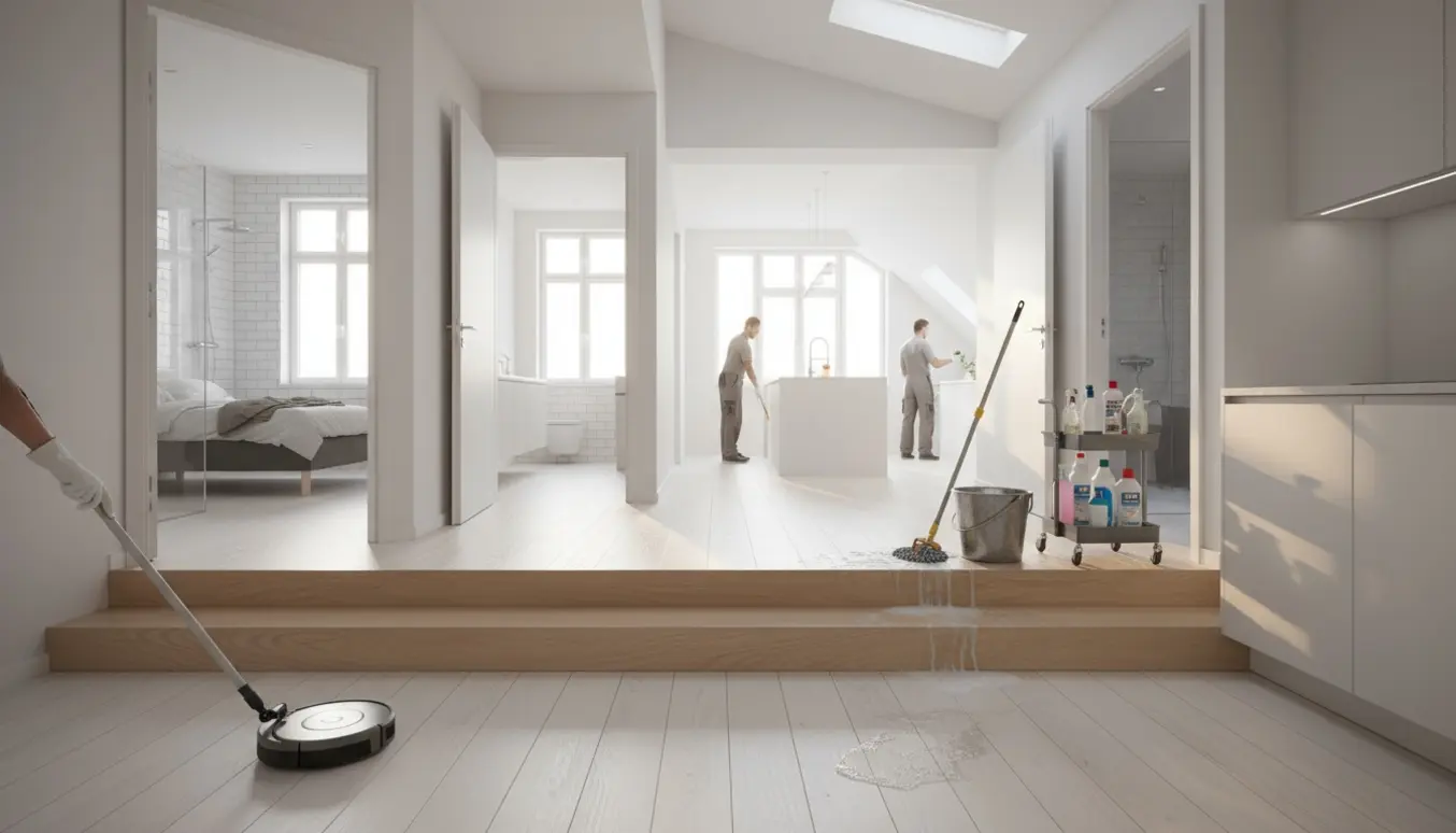 Lyssfyldt 150 m² lejlighed under rengøring med hvide-ludede og sæbeskinnende trægulve, støvsuger, moppe og rengøringsartikler.