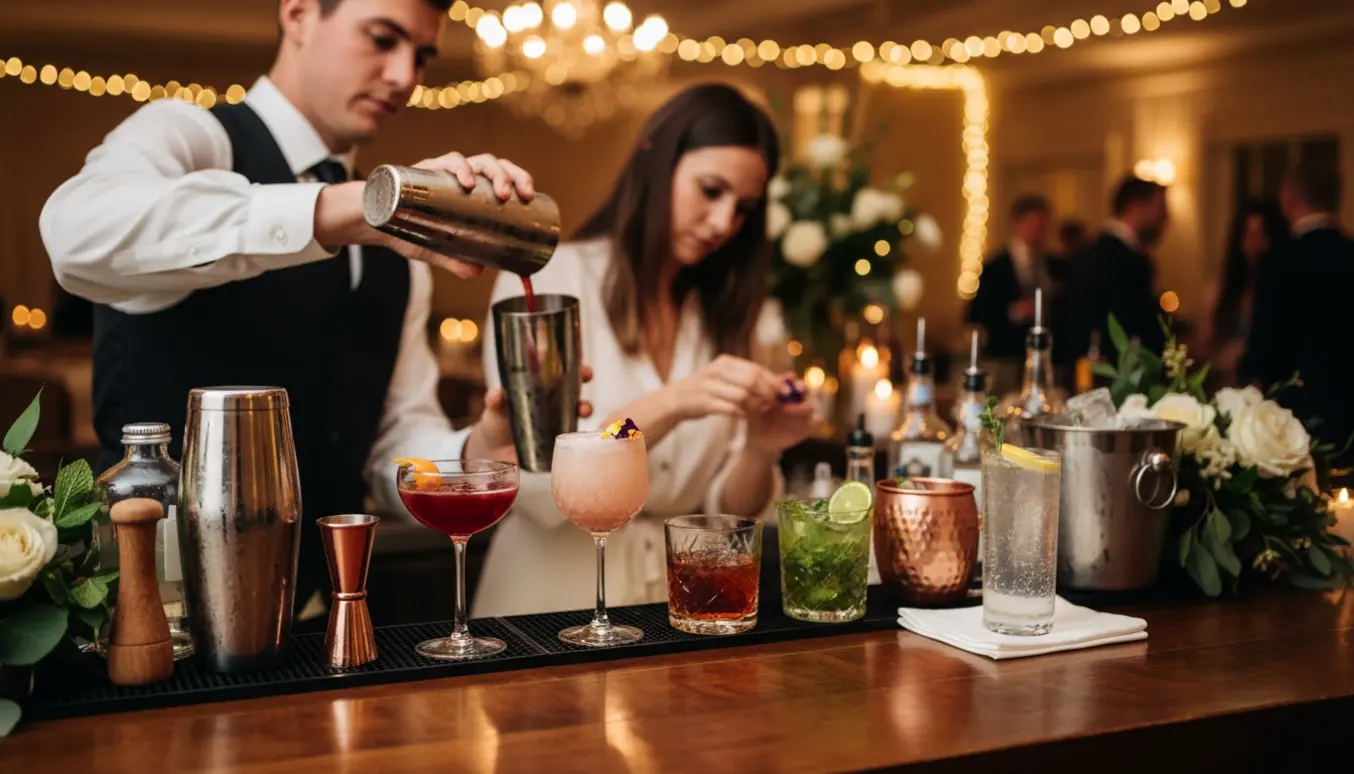 To bartendere arrangerer fem farverige cocktails på et elegant barbord til bryllup med blødt aftenlys og slørede gæster i baggrunden.