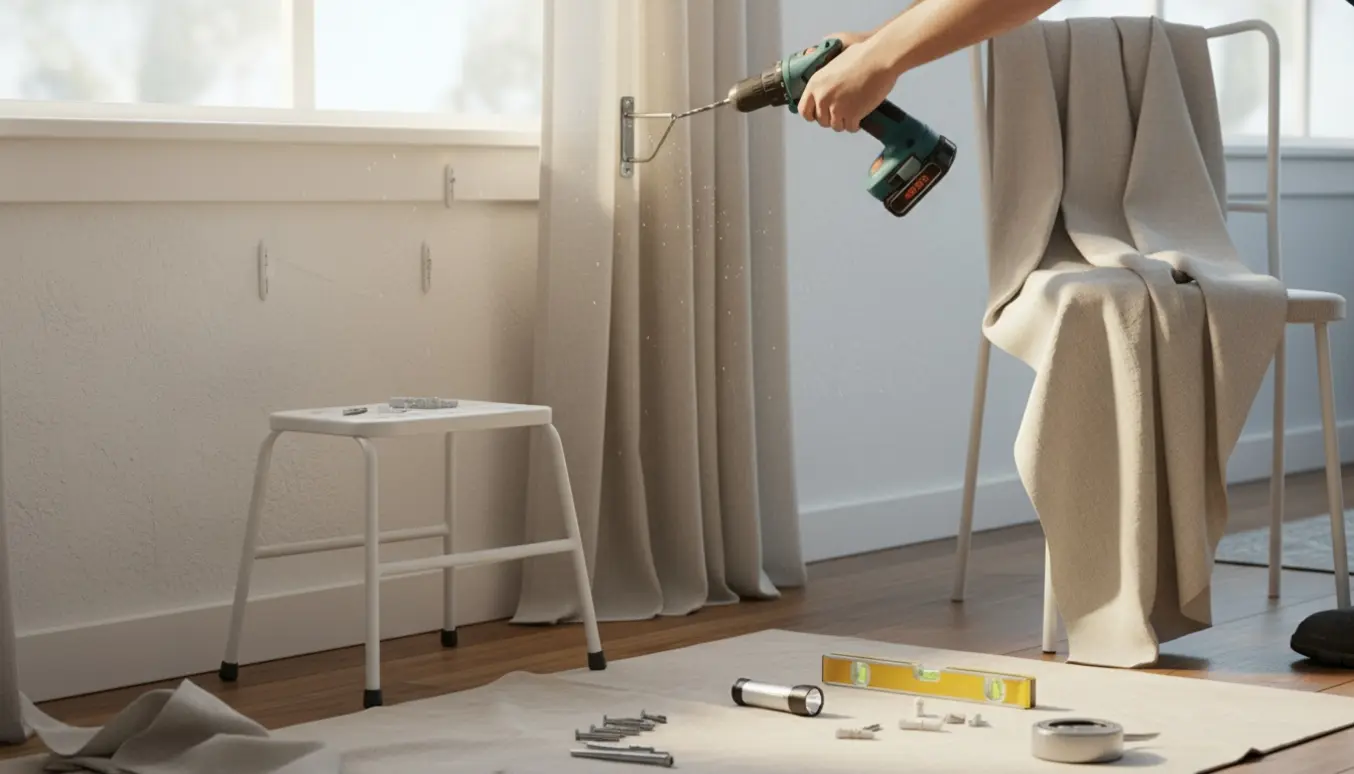 Nærbillede af hænder, der monterer et gardinsbeslag ved et vindue med boremaskine, skruer og rawlplugs.