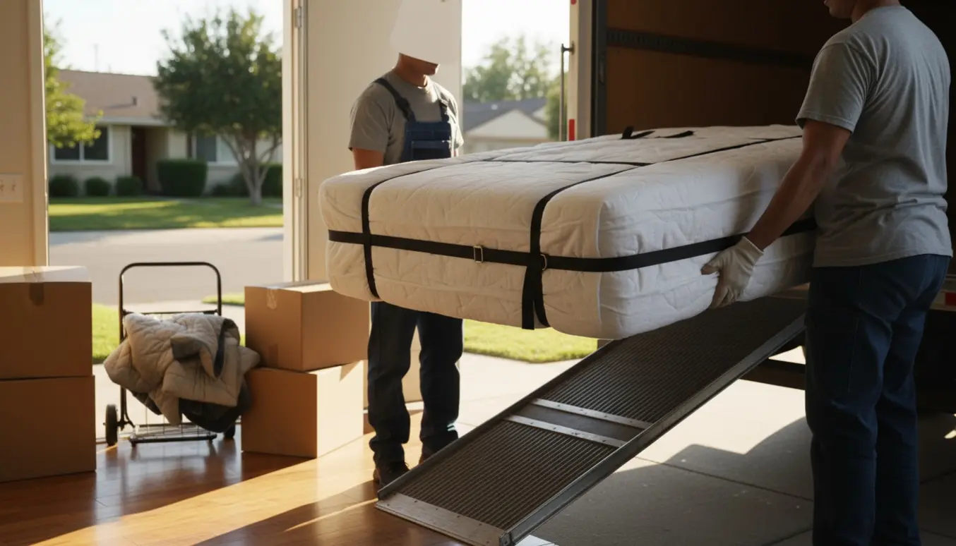 To flyttemænd bærer en indpakket boxmadras op ad rampen og ind i en flyttebil.
