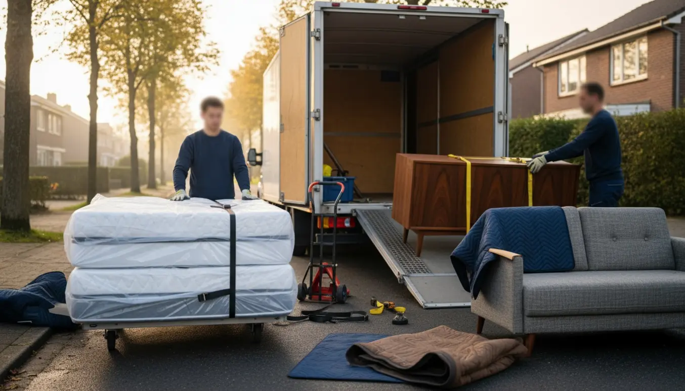 Flyttefolk læsser to 90 cm madrasser, en sofa og en tung trækskænk ind i en åben flyttebil uden tydelige ansigter.