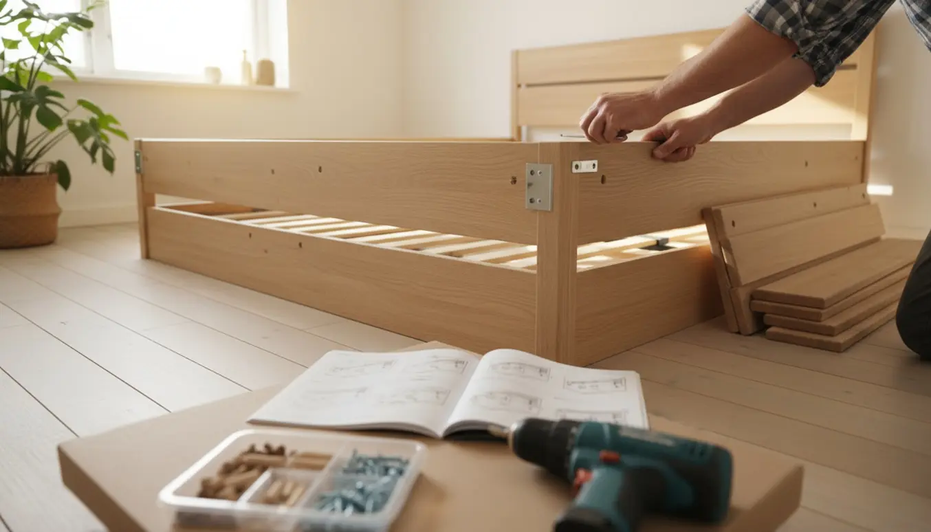 Hænder samler en stor opbevaringsseng fra fladt pakkemateriale i et lyst, skandinavisk soveværelse.