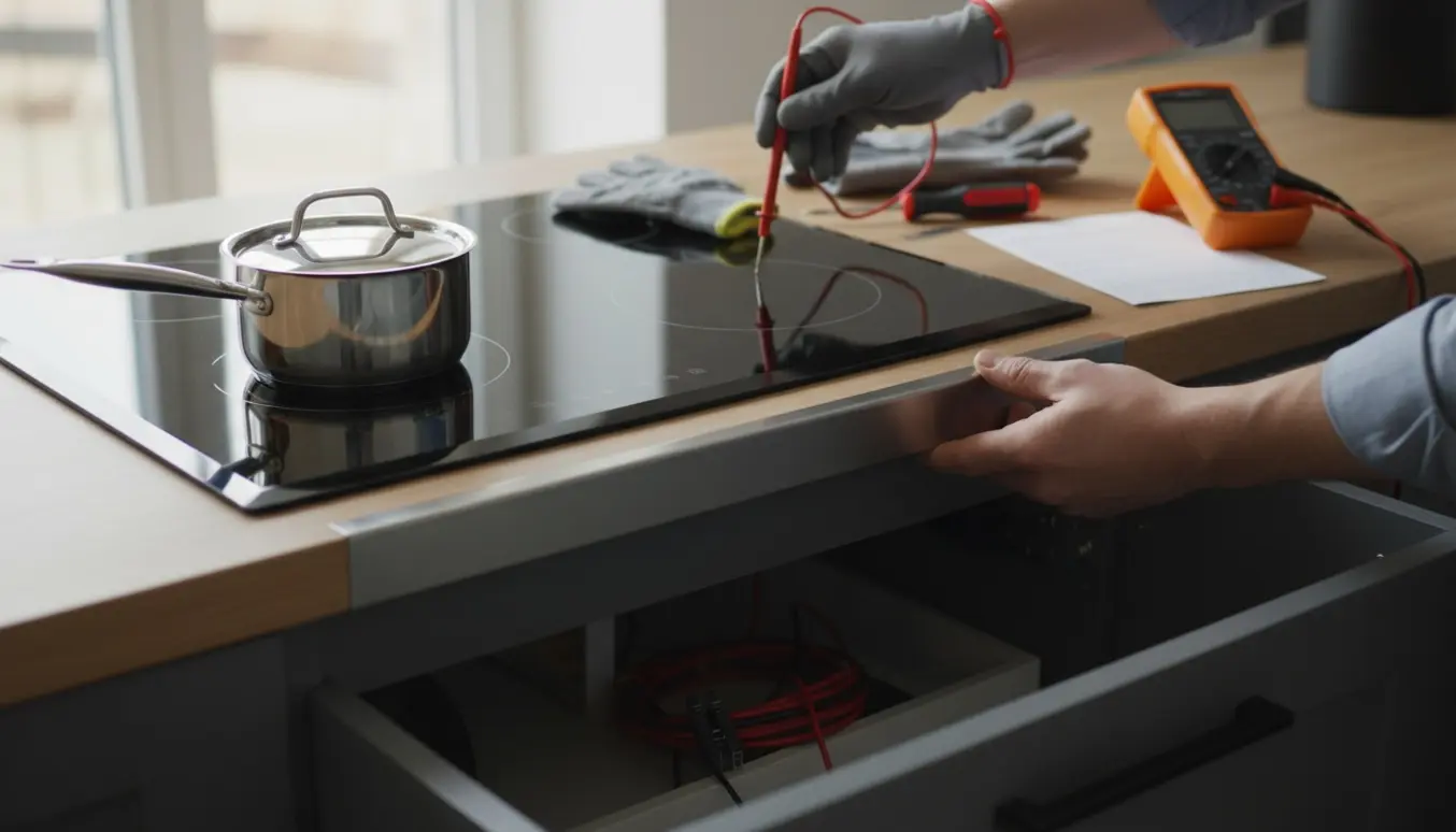 Hænder kontrollerer en nyligt installeret induktionskogeplade i et lyst, moderne køkken.