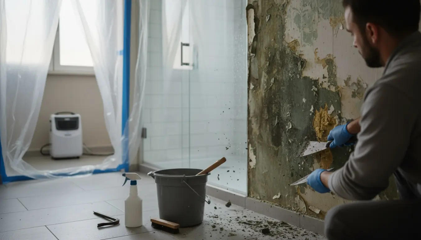 Beskyttede hænder fjerner skimmelsvamp og ødelagt væg i et badeværelse med plastafskærmning og affugter.