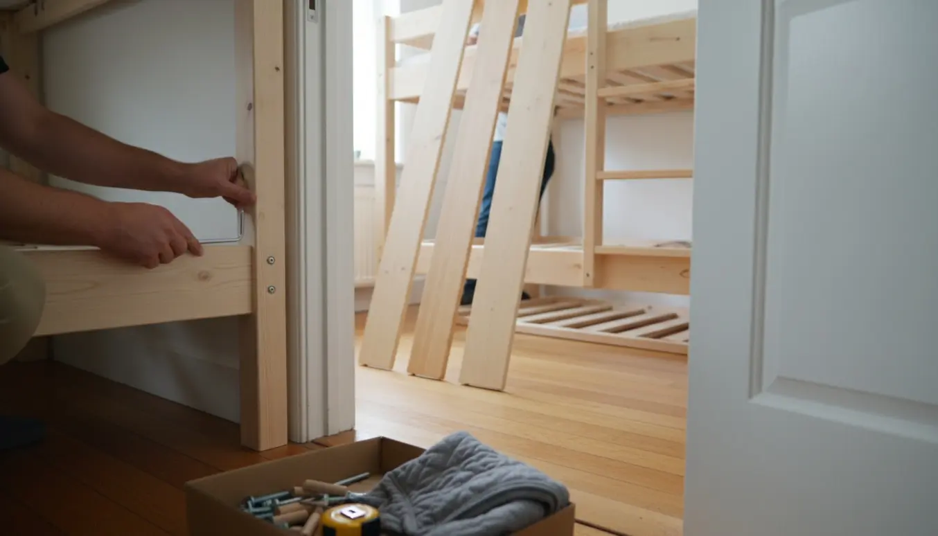 Delvist skilt køjeseng føres gennem en snæver døråbning med værktøj og hænder i fokus.