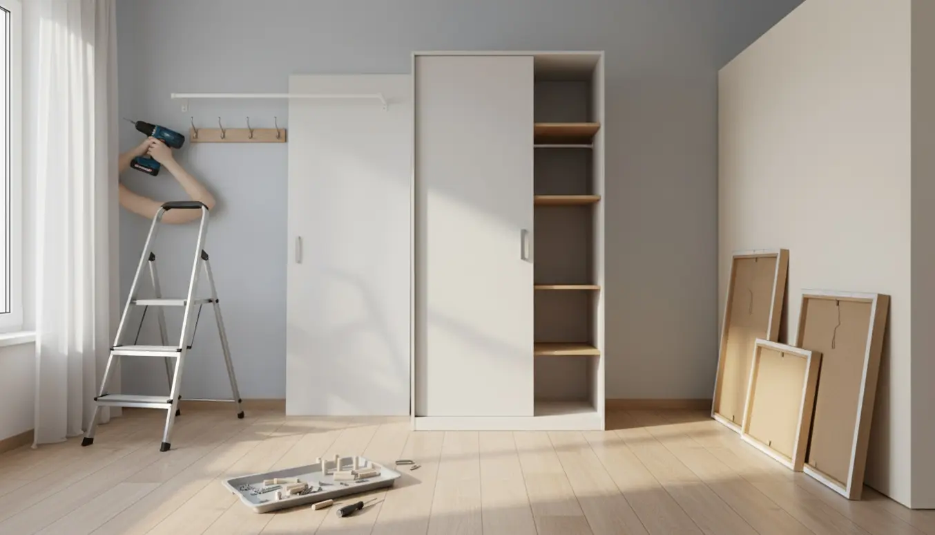 Delvist samlet hvidt skab med hylder og bøjlestang, værktøj og hænder, der monterer knagerække og billeder.