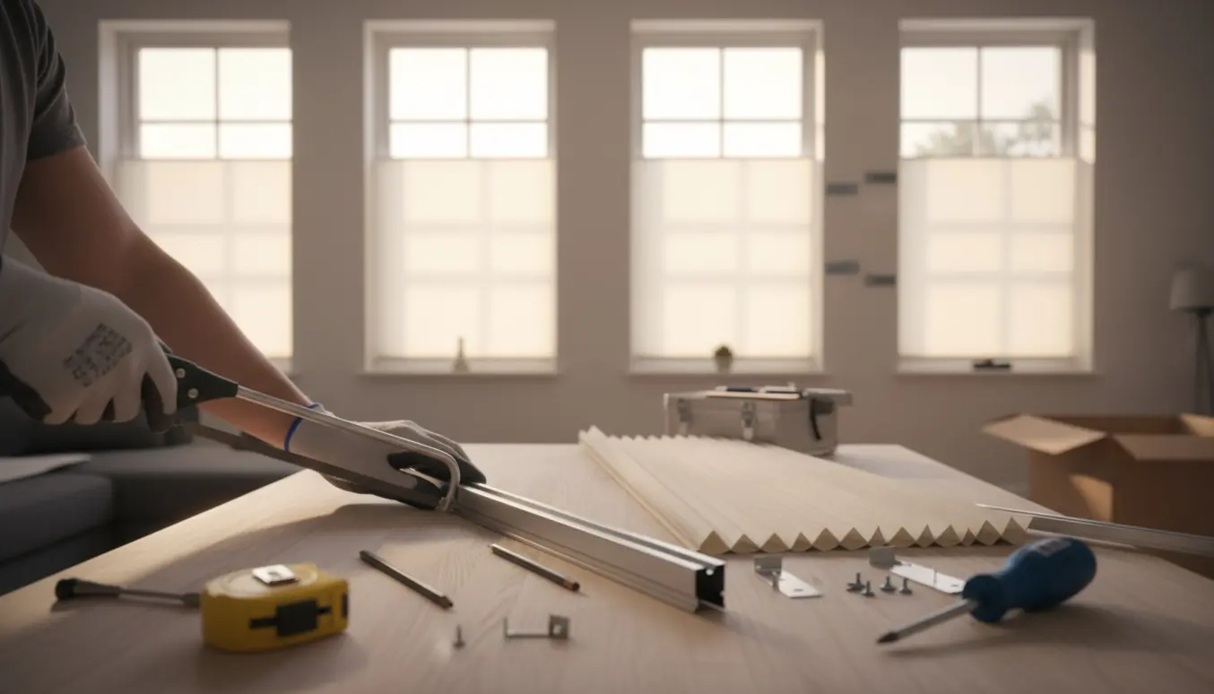 Lyse rum med fire vinduer og plisségardiner under montering, hænder saver beslag på et arbejdsbord.