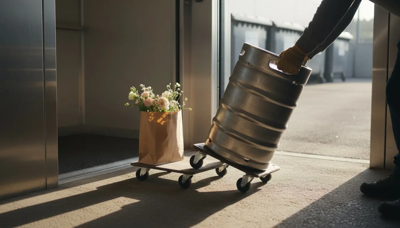 En person triller en øltønde med hjul ud af en stor elevator, med en lille pose blomster ved siden af på vej mod lossepladsen.