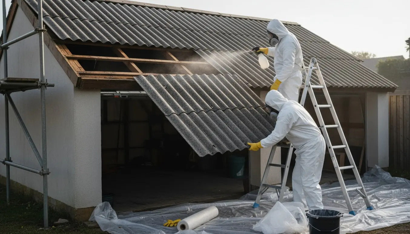 Asbestfjernelse fra et bølgeeternittag på en lille garage med arbejdstag i beskyttelsesudstyr og plastdække.