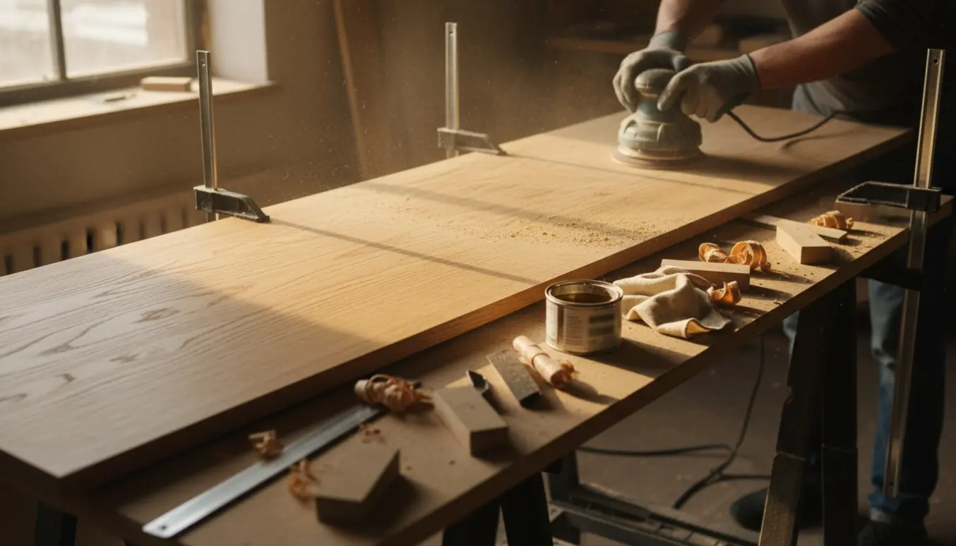 Lang fyrretræskøkkenbordsplade på bukke under slibning med slibemaskine og åben olie ved siden af.