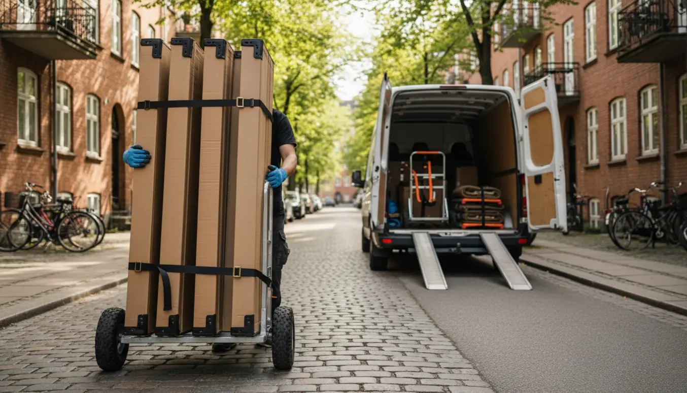 Tre usamlede skabspaneler læsses fra kantsten til kantsten ved en åben varevogn på en stille københavnsk gade.