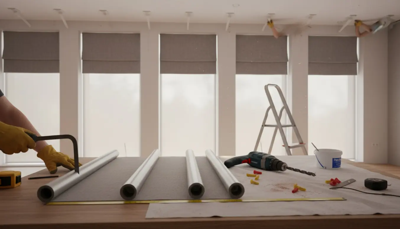 Montage af flere rullegardiner i loftet med slagboremaskine, rawlplugs og polyfilla, tre gardiner skæres til på et arbejdsbord.