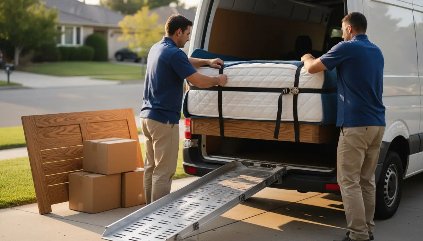 Et træ-sengestel og madras sikres med stropper i bagenden af en flyttevogn på en rolig villavej.