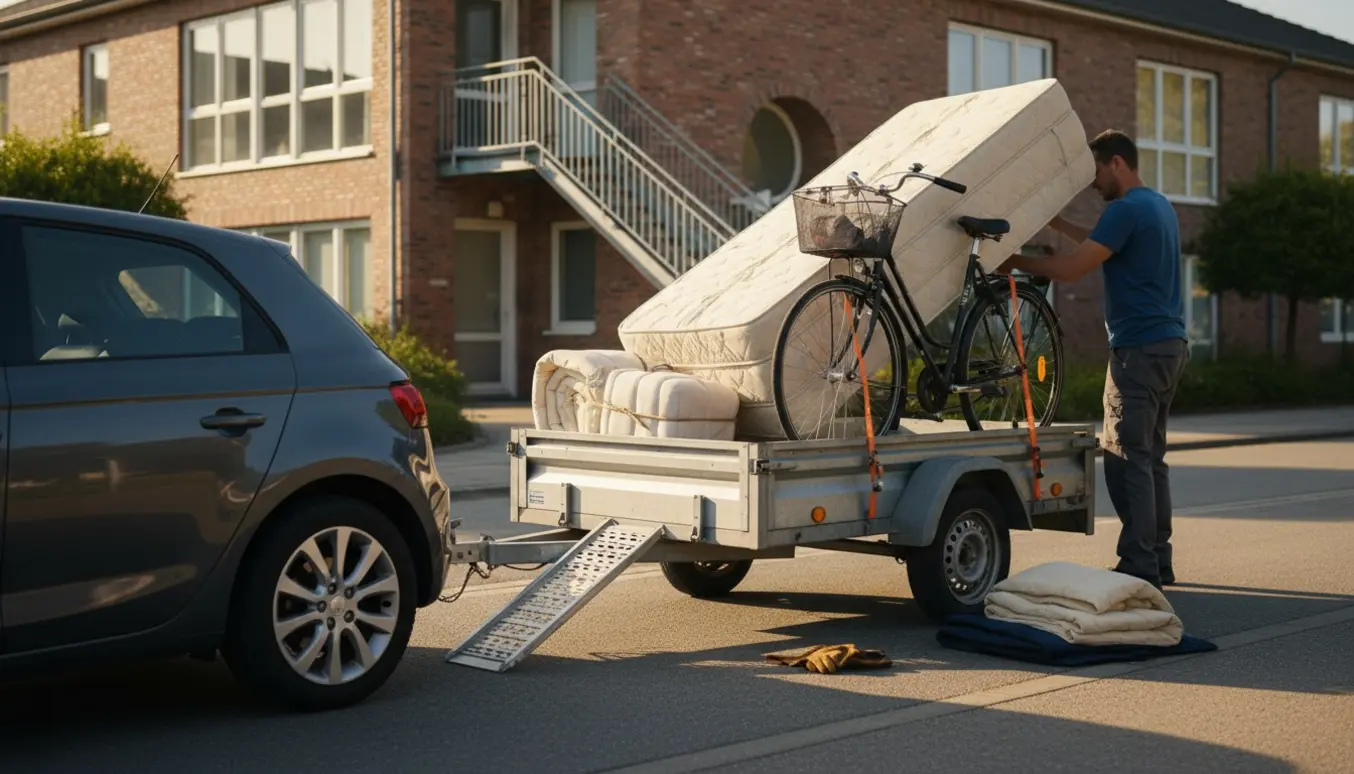 Trailer læsset med madras, topmadras og cykel foran en bolig med trappe til 1. sal.