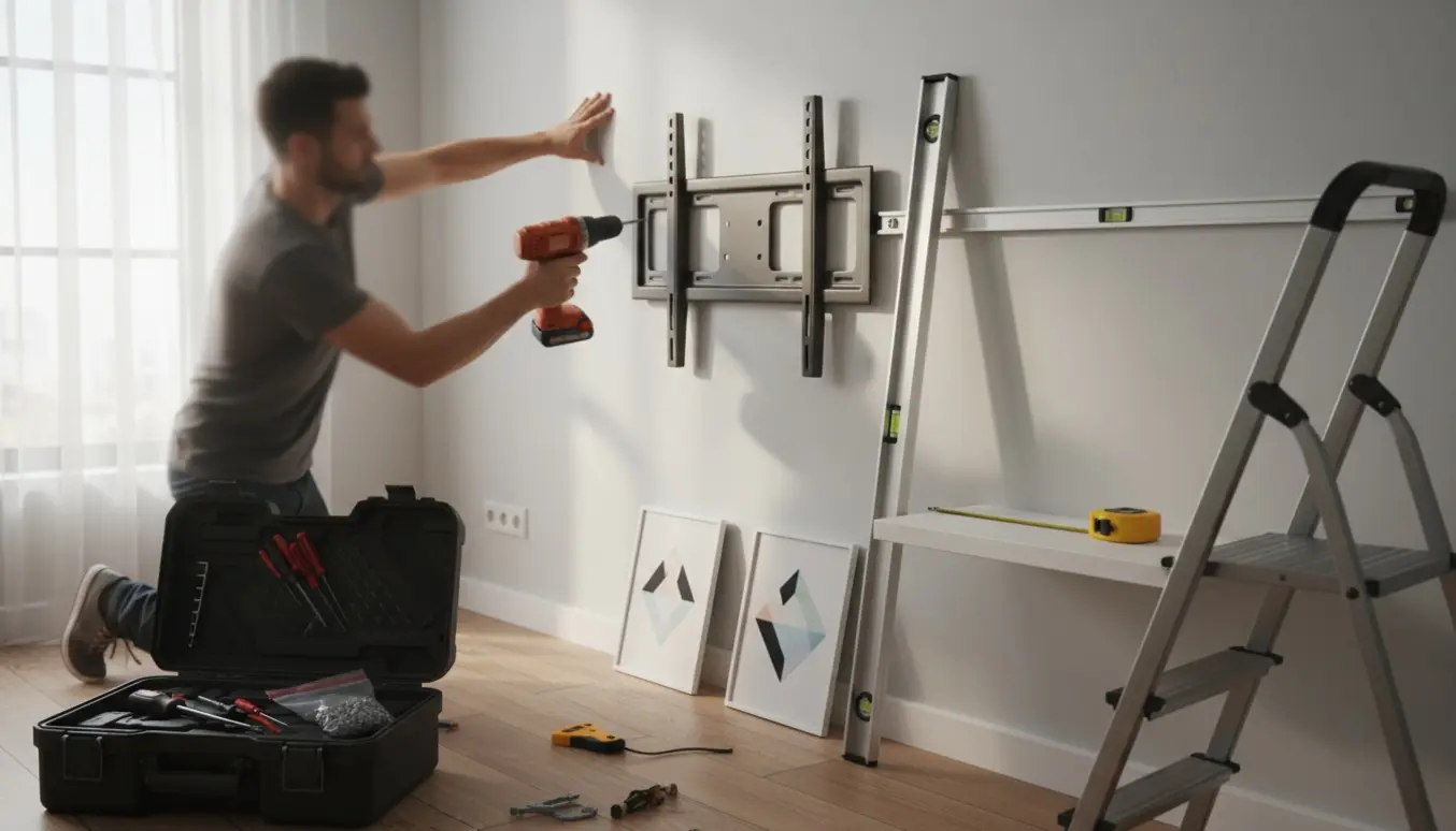 En håndværker monterer et fladskærms-tv og forbereder at hænge små genstande op i en lys stue.