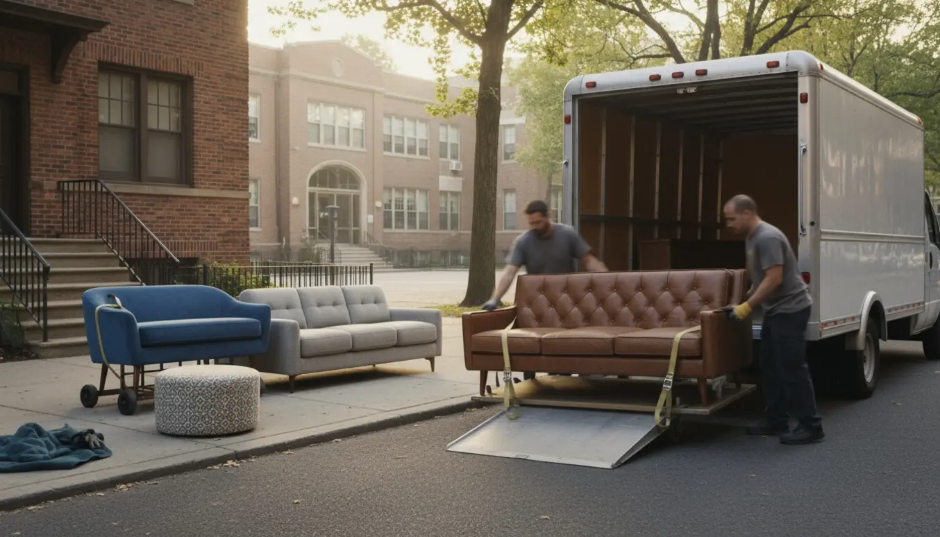 Flyttefolk læsser tre forskellige sofaer og en stol ind i en varevogn foran en skole.