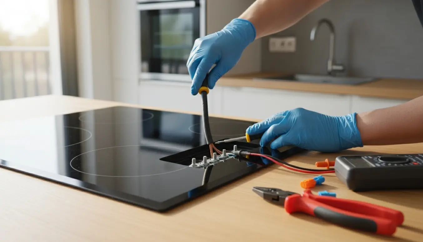 Handskerede hænder tilslutter en induktionskogeplade under en træbordplade i et lyst køkken.