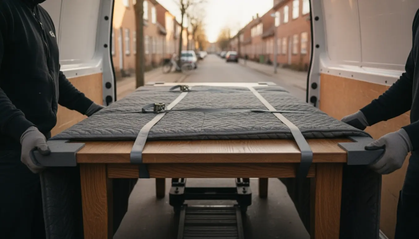 Et tæppeindpakket spisebord på cirka 170 cm læsses ind i en flyttevogn på en stille gade.