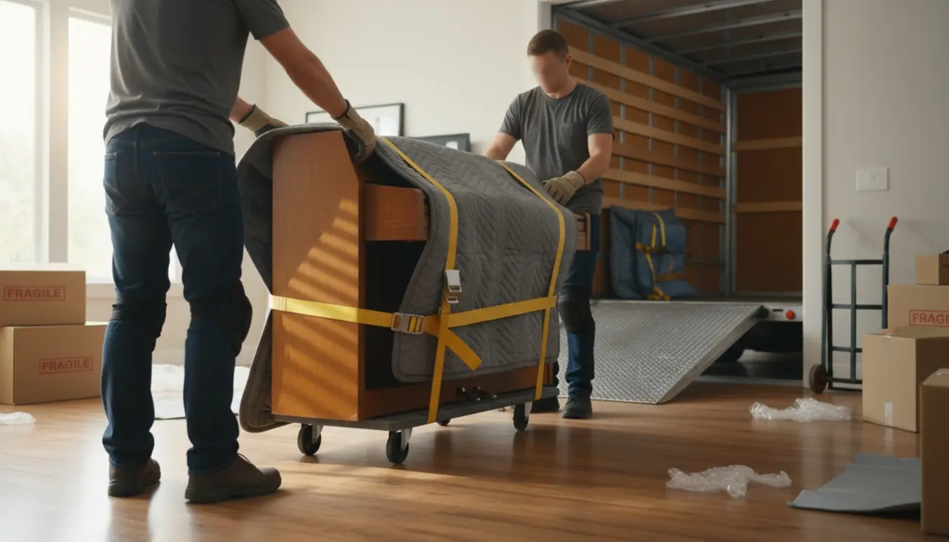 Et indpakket pianette flyttes forsigtigt ud af en stue og ind i en flyttevogn, med tæpper og sækkevogn.