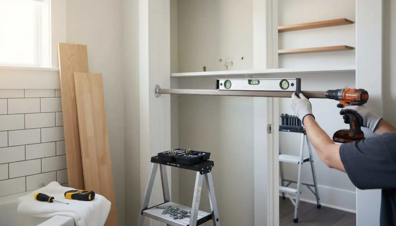 Hylder og en tøjstang monteres i en ny lejlighed med værktøj og naturligt dagslys.