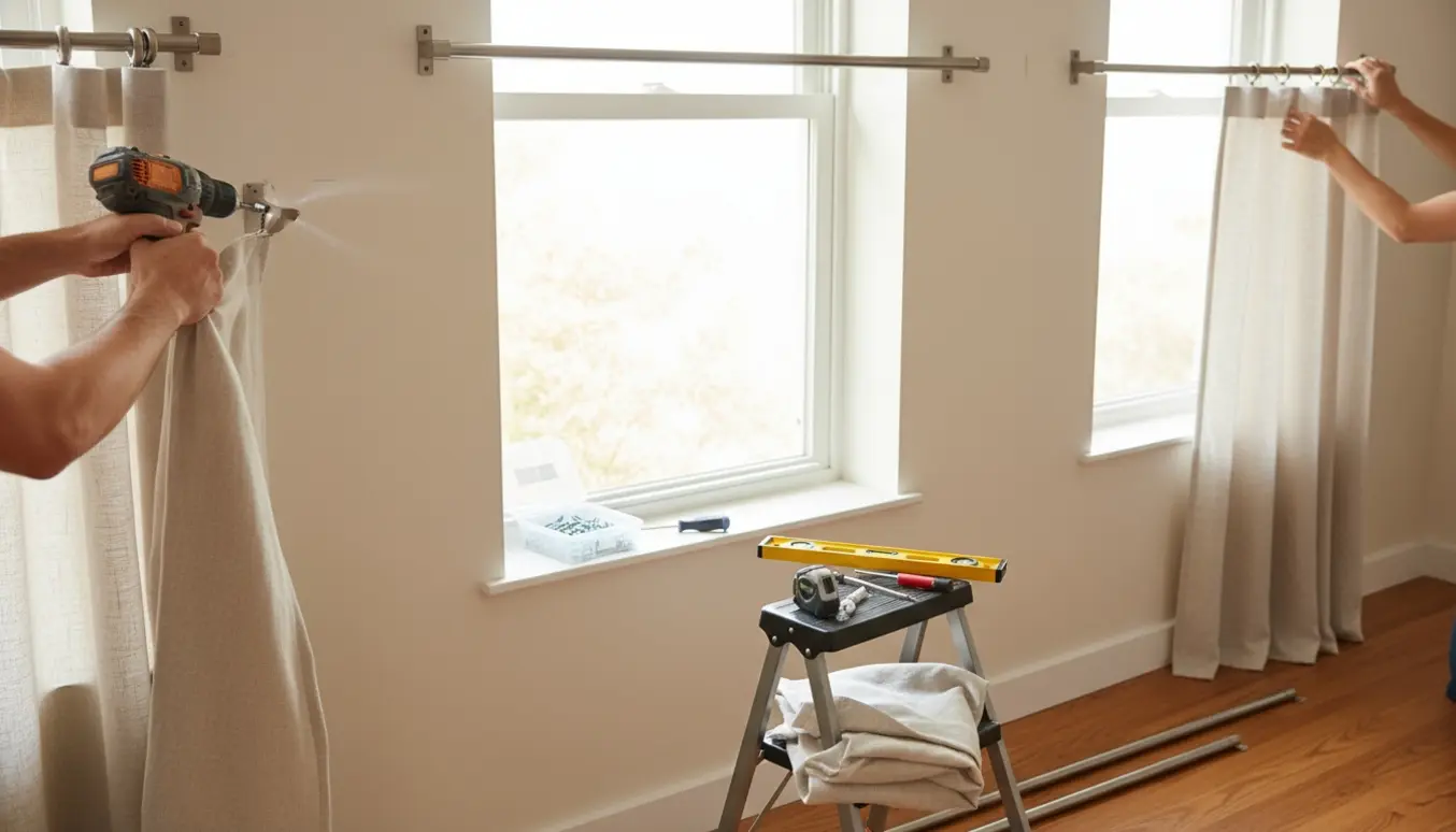 Hænder monterer gardinbeslag med boremaskine, skruer og vægplugs foran fire vinduer i et lyst rum.