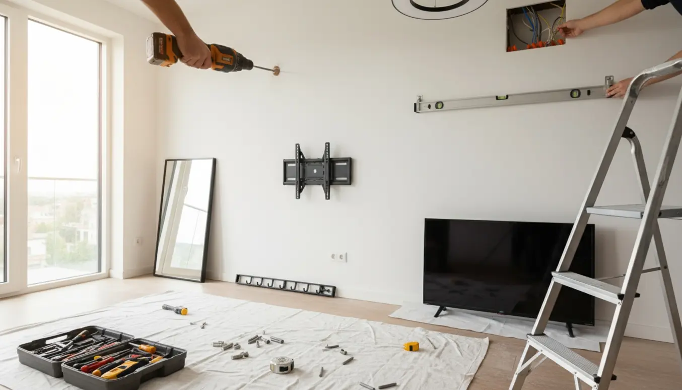 Hænder og værktøj monterer gardinstang, spejl, knager, TV-beslag og loftlampe på en væg.