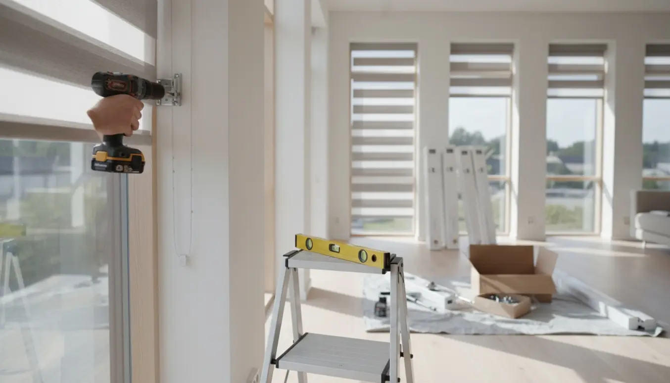 Installatør monterer Debel Duo touch-persienner i et lyst rum med værktøj og stak persienner i baggrunden.