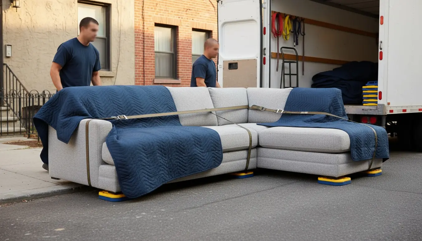 Adskilt 3-personers sofa med chaiselong bæres fra stueetagen ind i en flyttevogn.