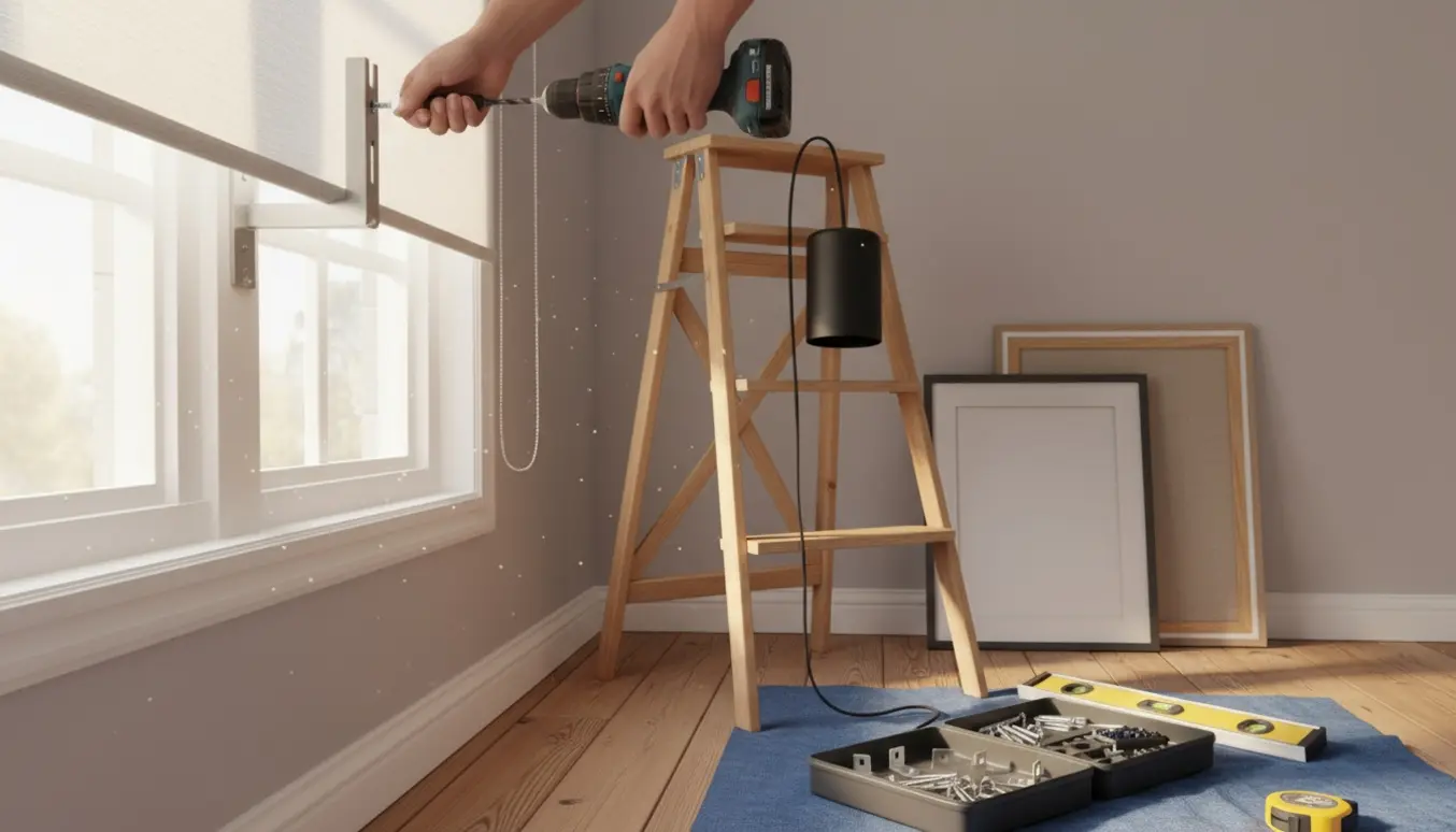Hænder monterer rullegardin, lampe og billedrammer i et lyst stueinteriør.