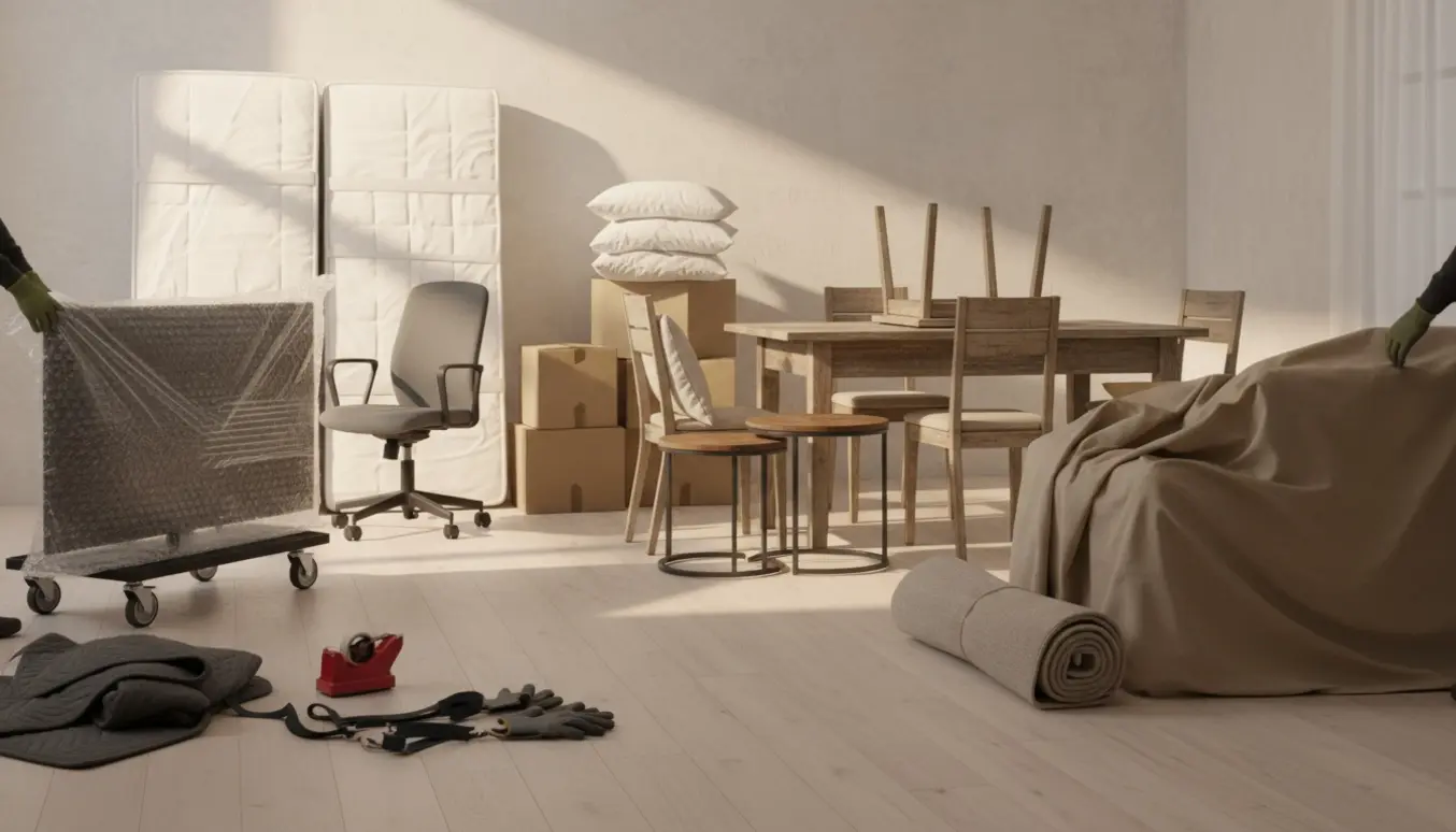 Stue fyldt med flyttekasser og møbler klar til flytning, inklusiv madrasser, spisebord, stole og flytteudstyr.