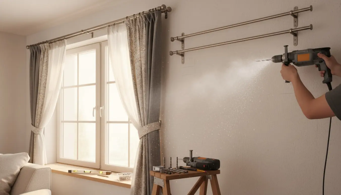 En person monterer tre gardinstænger over et vindue med en slagboremaskine, mens værktøj ligger klart.