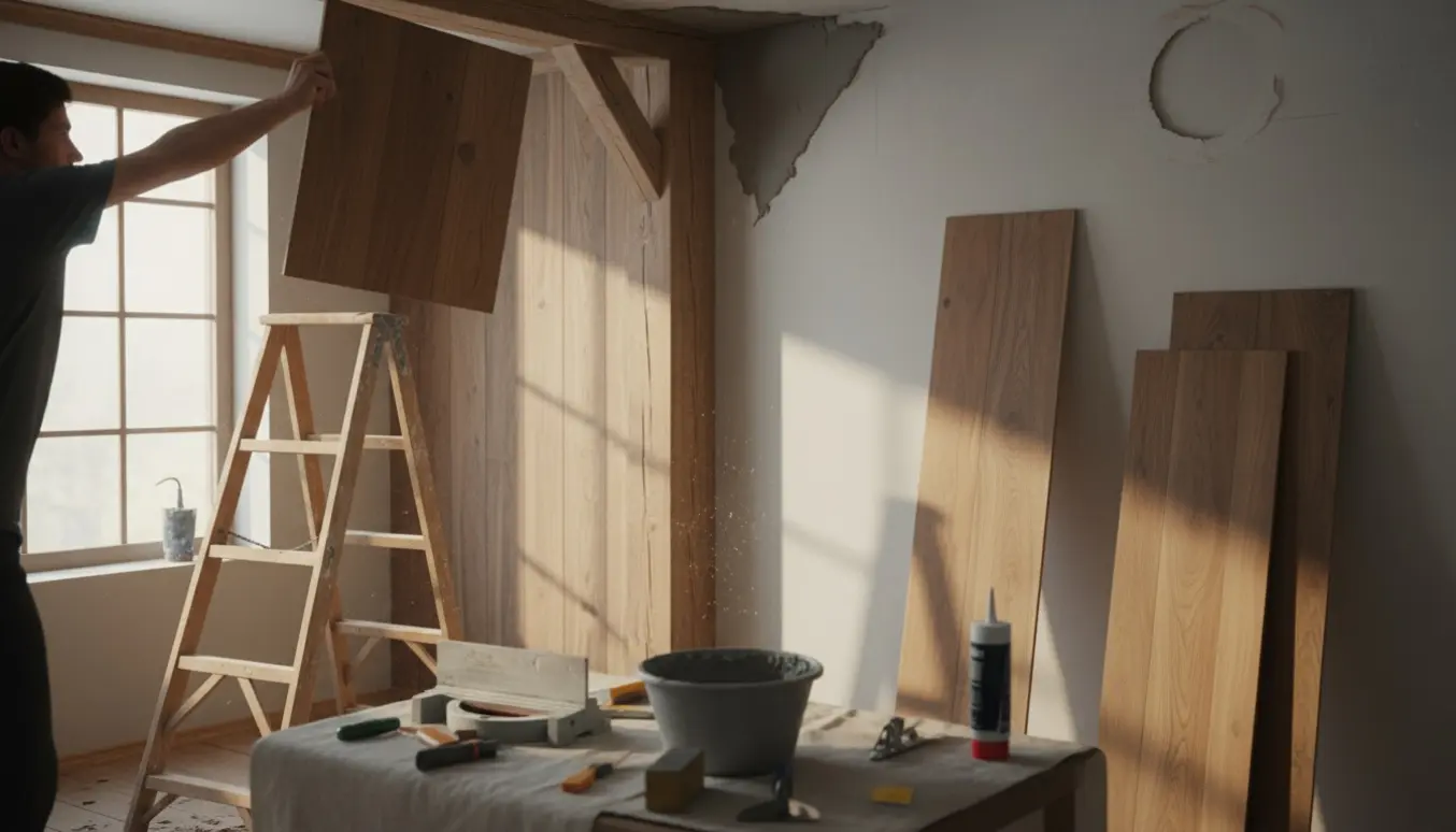 Hænder monterer vægpanel og loftsliste mens huller i loftet bliver repareret.