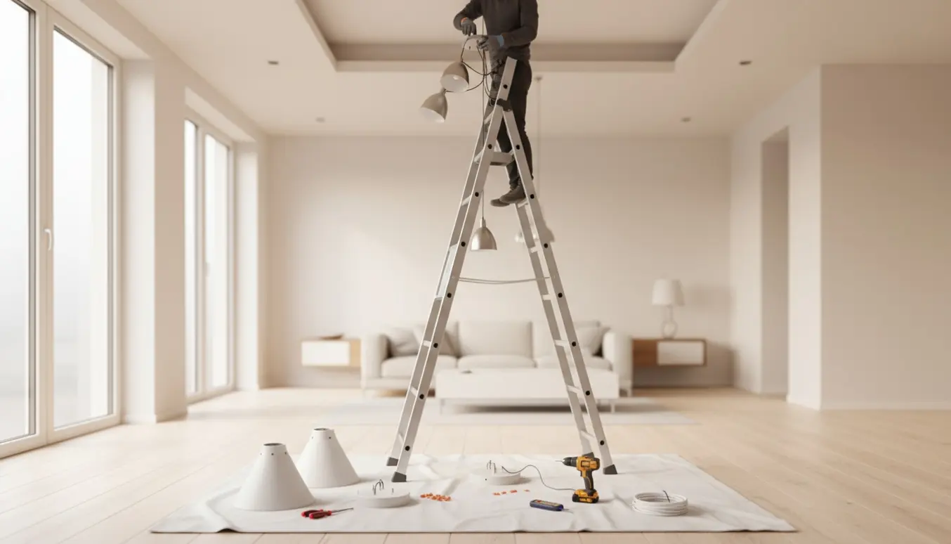 En tekniker på en høj stige forbinder et lampesæt i et rum med højt til loftet.