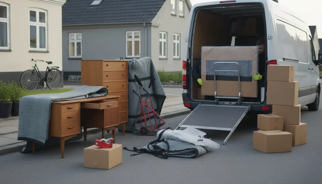 Flyttefolk læsser et tv, et skrivebord og en kommode ind i en flyttevogn på en dansk villavej.