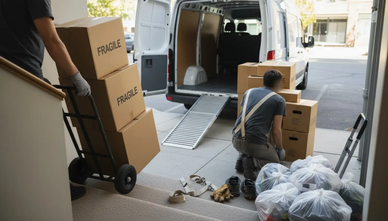 Kasser og klare plastposer bæres ned fra 2. sal og læsses i en varevogn ved genbrugsstationen.