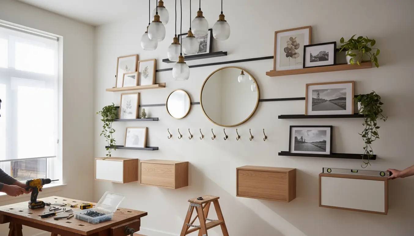 Lyst hjem med opsatte lamper, hylder, spejle, knager og værktøj ved en væg.