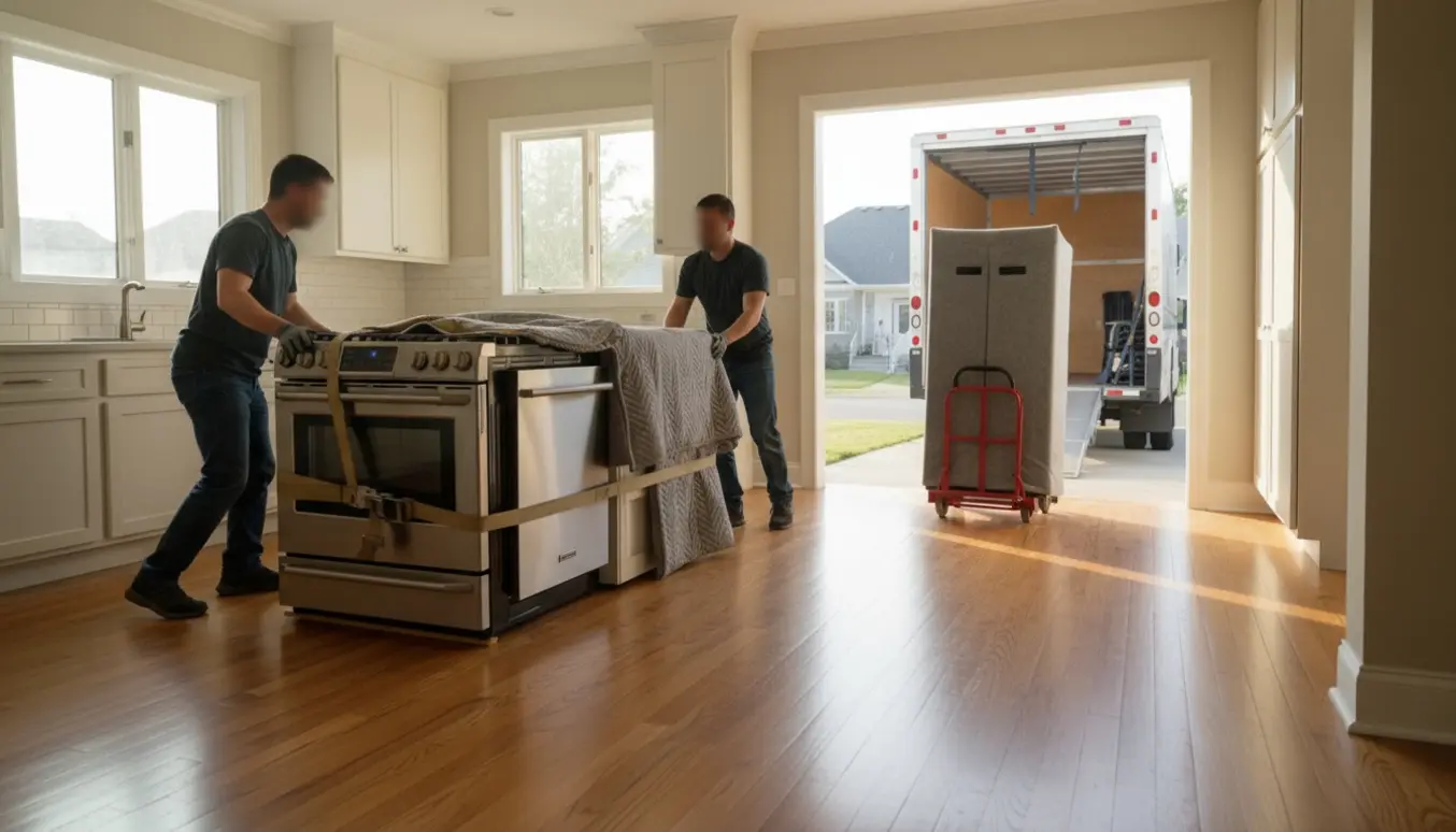 Flytning af komfur og opvaskemaskine i køkkenet, mens et højt køleskab står på en vogn klar til at blive læsset i en flyttebil.