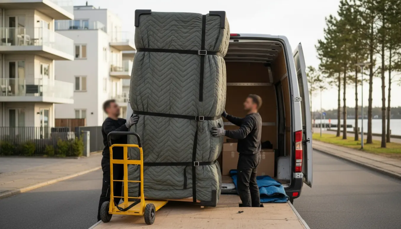 Et stort garderobeskab pakket i flyttetæpper løftes ind i en flyttebil på en stille dansk vej.