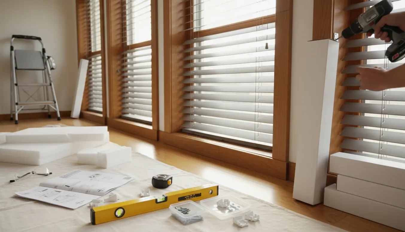 Hænder monterer aluminiumspersienner udenpå trævinduer med værktøj og pakkede persiennekasser i rummet.