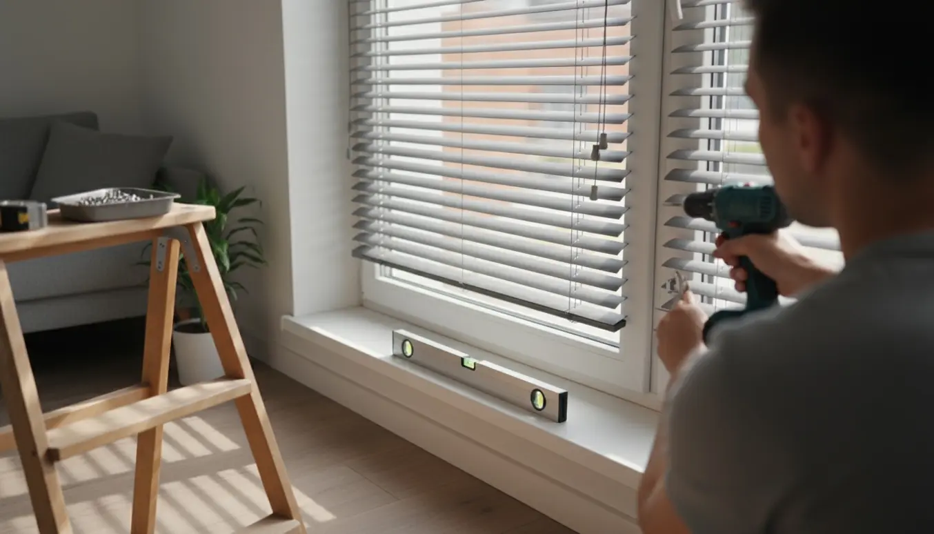 Hænder monterer en persienne i et vindue med værktøj og niveau ved siden af.