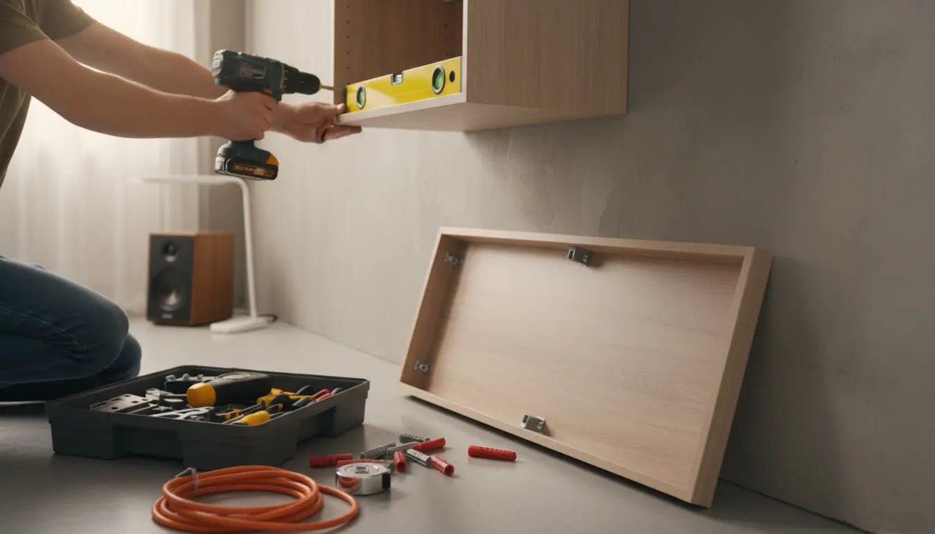 Hænder monterer et vægskab og reol med boremaskine og værktøj i en lys stue.