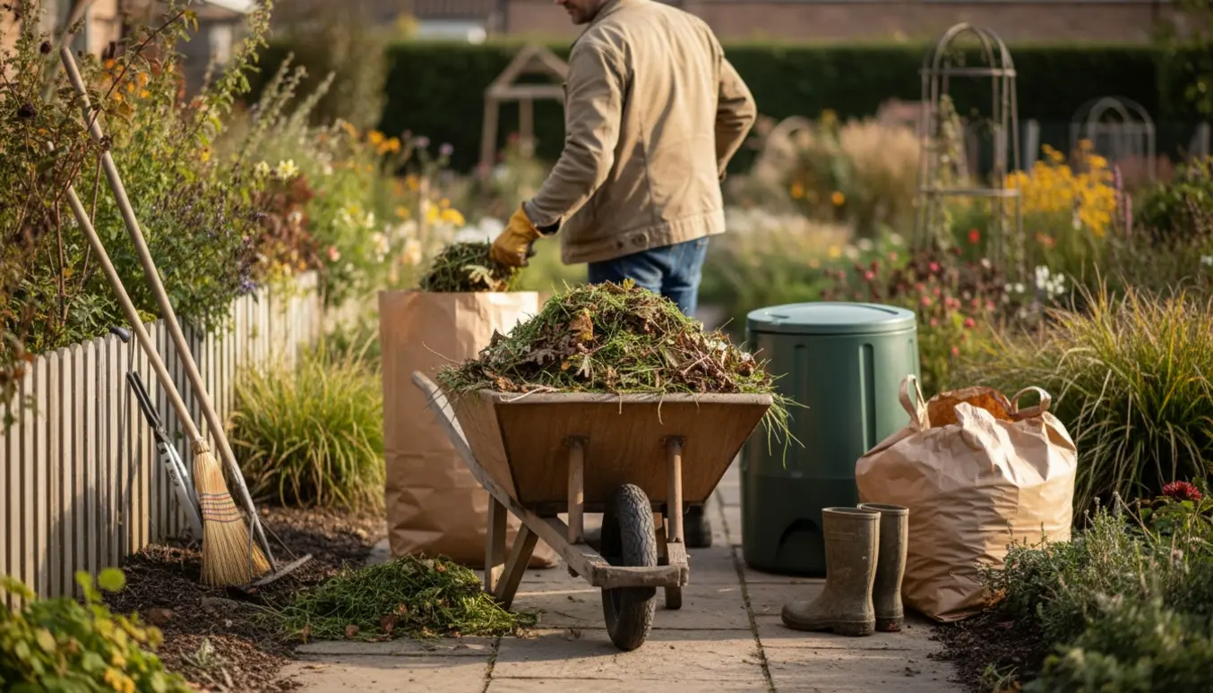 En person læsser haveaffald i en trillebør ved kompostbeholderen i baghaven.