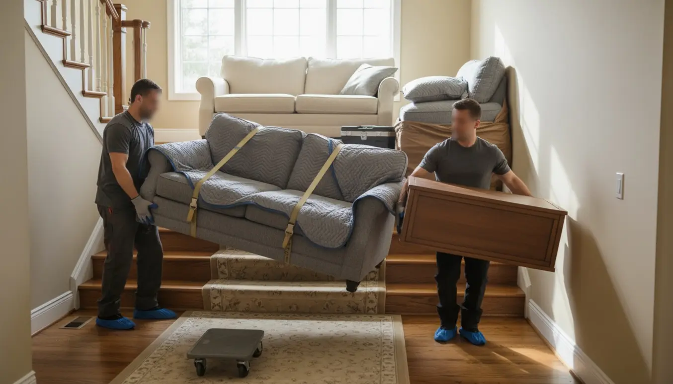 To flyttere løfter to sofaer og et sofabord op ad en trappe til 1. sal med flyttetæpper og bærestropper.