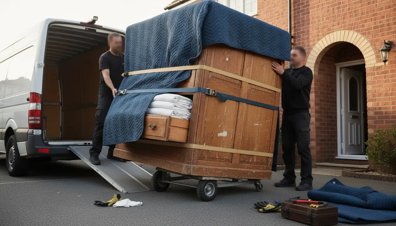 To flyttefolk læsser et gammelt to meter stort træskab ind i en åben fragtbil på en opkørsel.