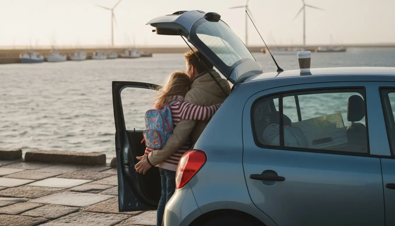 Bil parkeret ved kysten i solnedgang, forælder og datter omfavner hinanden bagfra ved havnen.